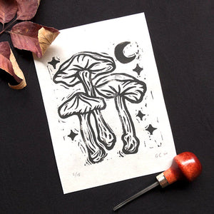 Three Mushrooms block print